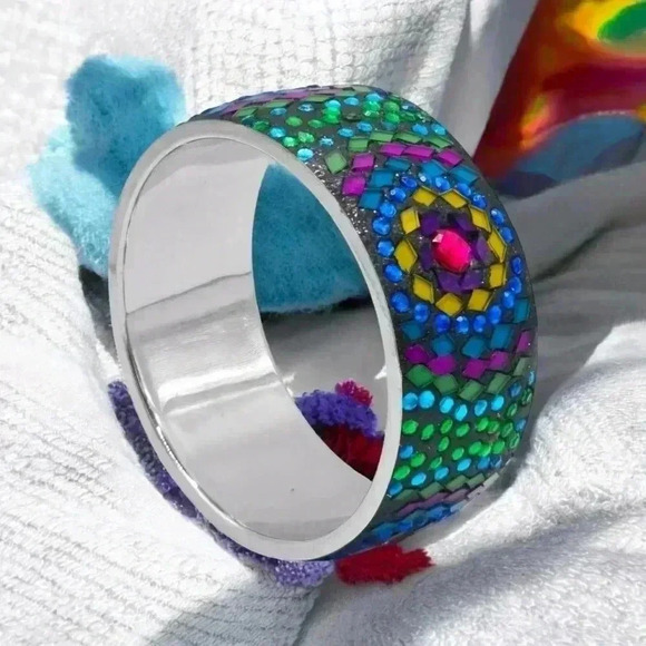 Y2K Artisan Handmade One-of-a-Kind Crystals & Rhinestones Mosaic Bangle Bracelet - Picture 4 of 13